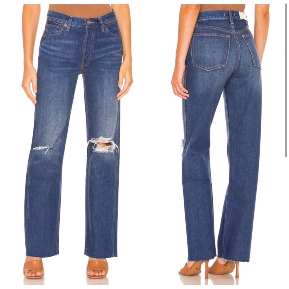 RE/DONE midwash distressed 90s high rise loose fitting straight leg jeans